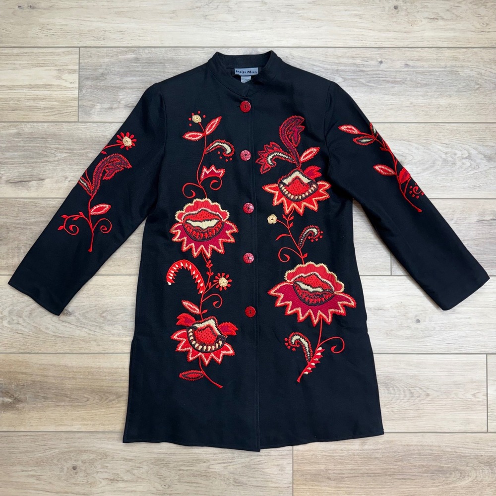 Indigo Moon‎ Black Embroidered Red Floral Kimono Jacket Coat Size S Boho Scandi